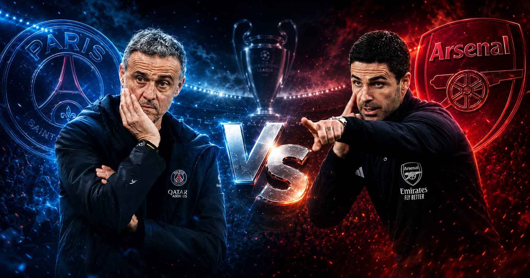 Luis Enrique and Mikel Arteta face off either side of the Champions League trophy ahead of the 2026 UEFA Champions League final between Paris Saint-Germain and Arsenal at the Puskás Aréna, Budapest