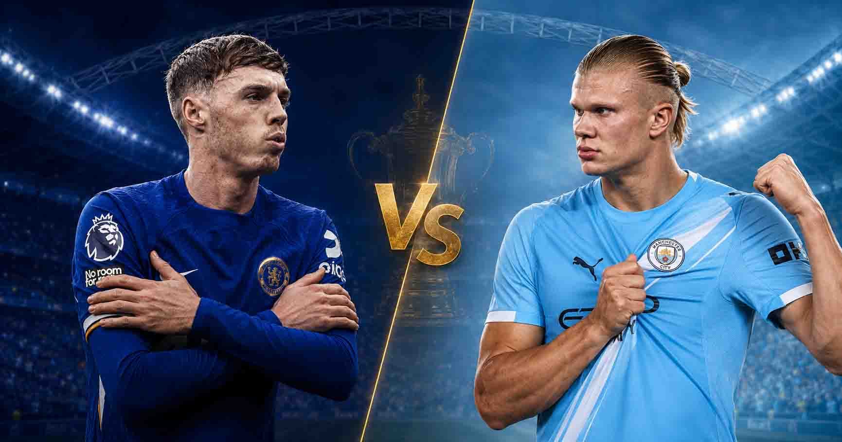 Cole Palmer of Chelsea and Erling Haaland of Manchester City face off ahead of the 2026 FA Cup final at Wembley