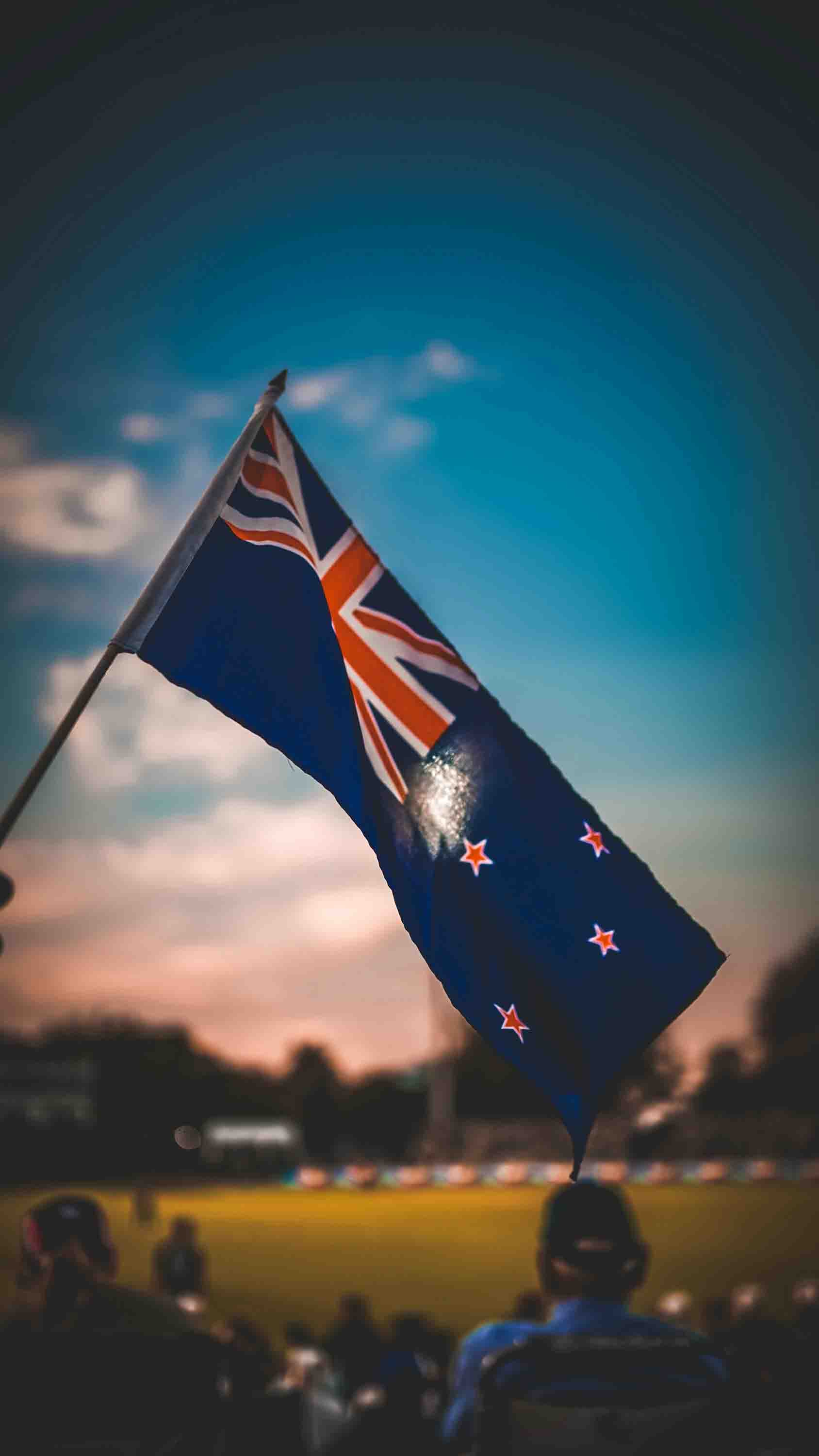 New Zealand flag at sunset
